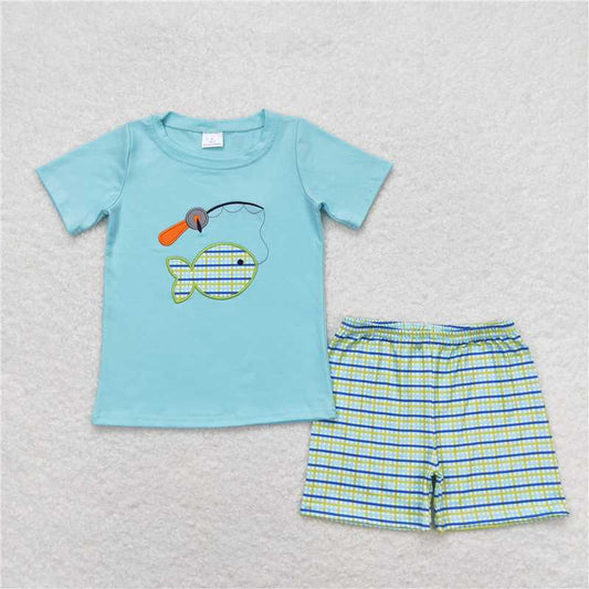 RTS NO MOQ Baby Boys kids Summer Sets BSSO0798 Fishing Shirt Top Checkered Shorts Clothes Sets