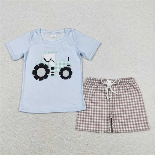 RTS NO MOQ Baby Boys kids Summer Sets BSSO0610 Tractor Blue Short Sleeve Brown Plaid Shorts Set