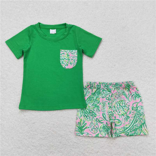 RTS NO MOQ Baby Boys kids Summer Sets BSSO0839  Green short-sleeved shorts set with seaweed pattern pockets