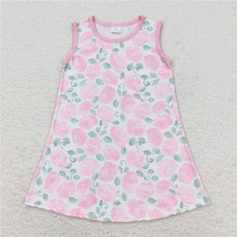 7.31 RTS NO MOQ Summer Baby Girls Dresses GSD1045 Pink Flowers Sleeveless Knee Length Dresses