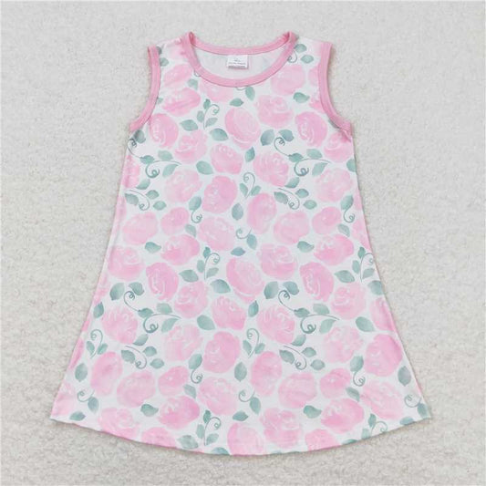 7.31 RTS NO MOQ Summer Baby Girls Dresses GSD1045 Pink Flowers Sleeveless Knee Length Dresses