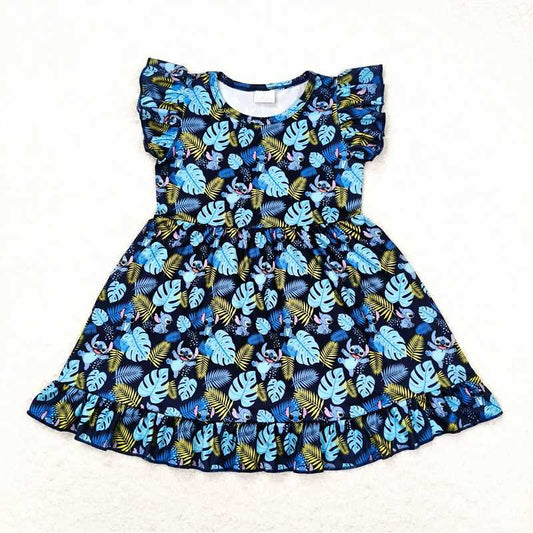 7.31 RTS NO MOQ Summer Baby Girls Dresses GSD0863 Blue Cartoon Animal Flutter Sleeve Knee Length Dresses