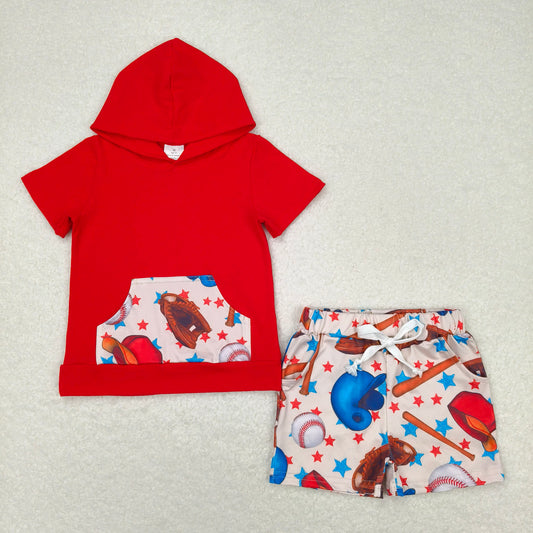 RTS NO MOQ Baby Boys kids Summer Sets BSSO0704 Baseball Star Pocket Red Hooded Short Sleeve Shorts Set