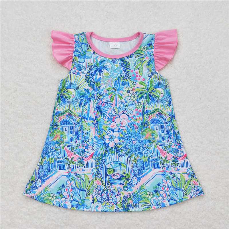 RTS NO MOQ Summer Baby Girls Short Sleeve GT0563 Blue Flowers Flutter Sleeve Tunic Tops