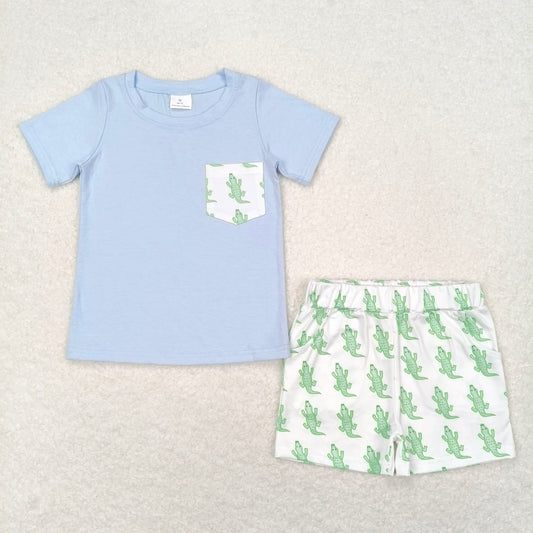 RTS NO MOQ Baby Boys kids Summer Sets BSSO0782 Crocodile Pocket Blue and White Short Sleeve Shorts Set
