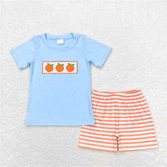 RTS NO MOQ Baby Boys kids Summer Sets BSSO0417 Embroidered orange blue short-sleeved orange and white striped shorts suit