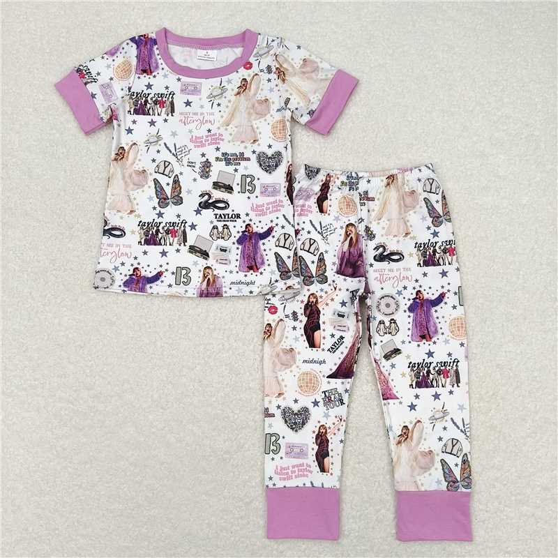 RTS NO MOQ Baby Girls Summer Kids Sets GSPO1414 Purple Singer Tee Shirt Top Pants Pajamas Clothes Sets