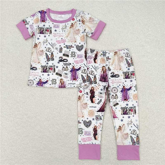 RTS NO MOQ Baby Girls Summer Kids Sets GSPO1414 Purple Singer Tee Shirt Top Pants Pajamas Clothes Sets