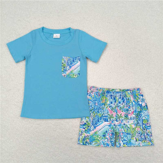 RTS NO MOQ Baby Boys kids Summer Sets BSSO0840 Blue Short Sleeve Tee Shirts Tops Flowers Shorts Clothes Sets