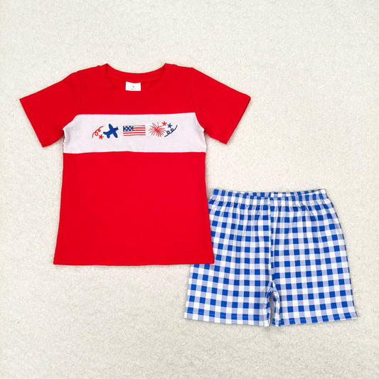 RTS NO MOQ Baby Boys kids Summer Sets BSSO0584 Embroidery Airplane Flag Fireworks Red Short Sleeve Blue and White Plaid Shorts Set