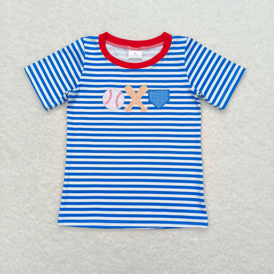 5.21  RTS NO MOQ Summer Baby Boys Shirt BT0657 Blue Stripes Baseball Short Sleeve Tee Shirts Tops