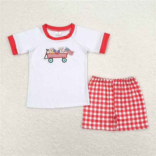 RTS NO MOQ Baby Boys kids Summer Sets BSSO0618 Embroidery fireworks flag cart white short-sleeved red plaid shorts suit