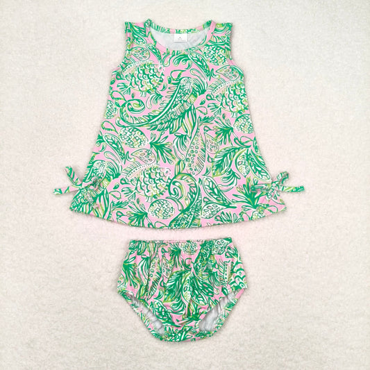 RTS NO MOQ Baby Girls Summer Outifts GBO0343 Green Fishes Tunic Top Bummies Clothes Sets