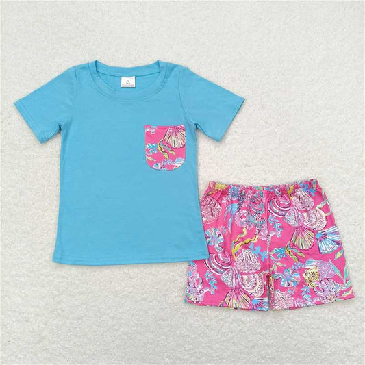 BSSO0841 Baby Boys Blue Top Floral Hot Pink Shorts Set