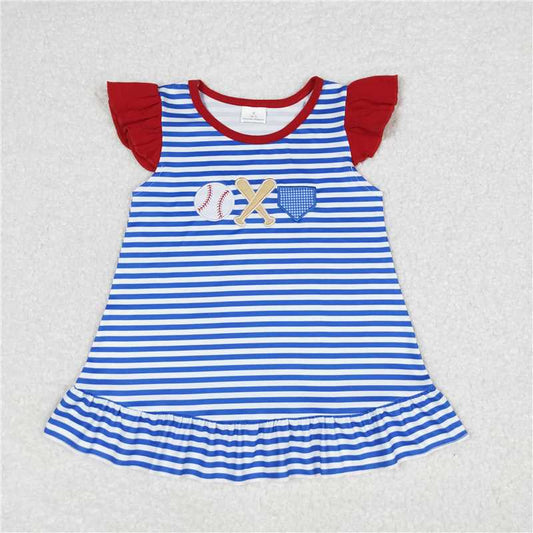 RTS NO MOQ Summer Baby Girls Short Sleeve GT0560 Blue Stripes Baseball Flutter Sleeve Tunic Top