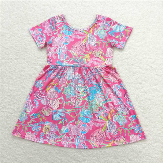 7.30 RTS NO MOQ Summer Baby Girls Dresses GSD1115 Pink Sea Shells Short Sleeve Knee Length Dresses