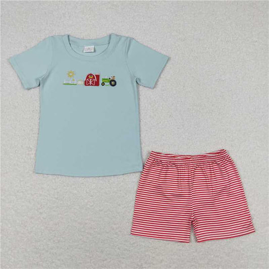 RTS NO MOQ Baby Boys kids Summer Sets BSSO0702 Embroidery Farm Sun Red House Tractor Short Sleeve Red Striped Shorts Set