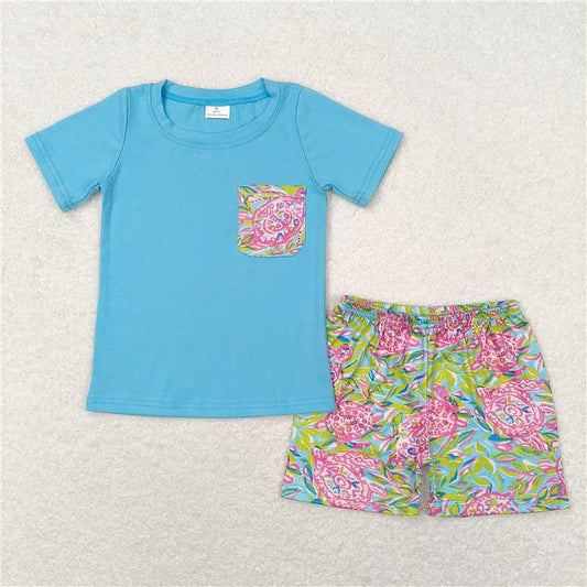 BSSO0846 Baby Boys Blue Top Floral Shorts Set