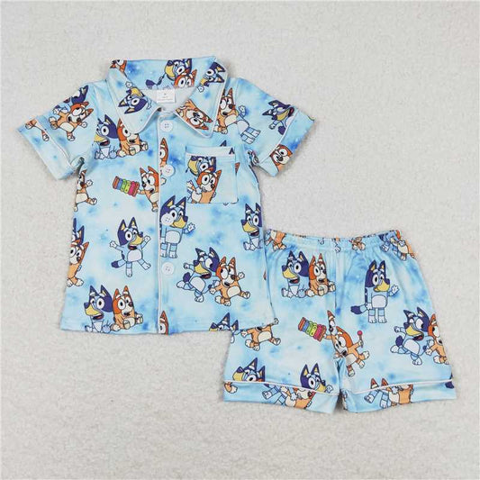 BSSO0817 Baby Girls Cartoon Blue Dog Shorts Pajama Set