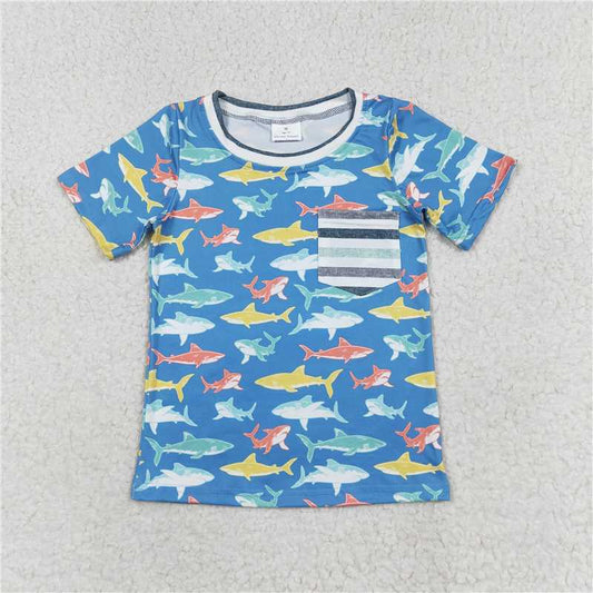 RTS NO MOQ Summer Baby Boys Shirt BT0667 Sharks Pocket Short Sleeve Tee Shirts Tops