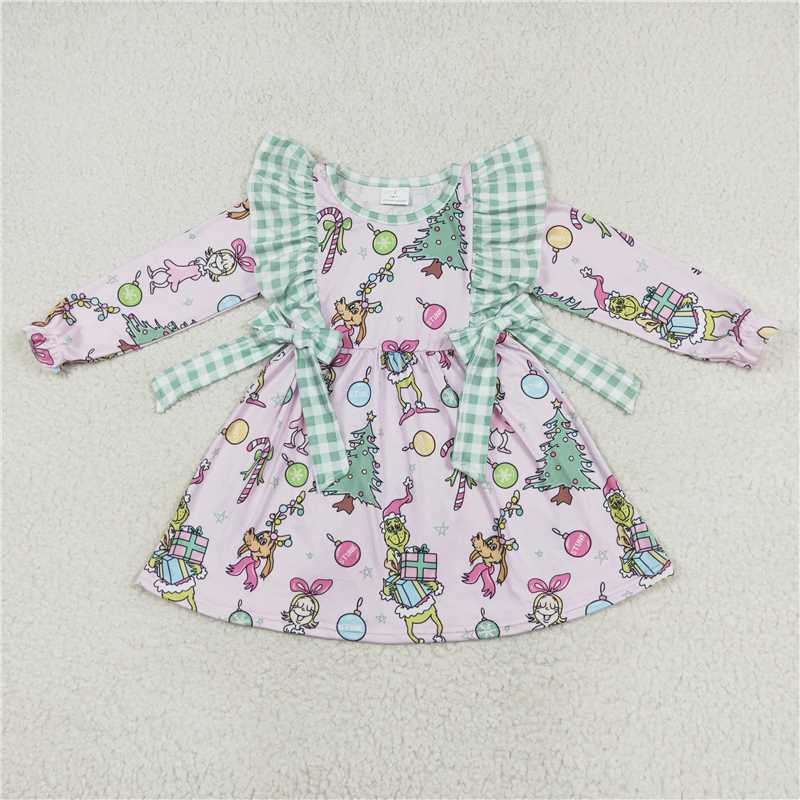 6.12 RTS NO MOQ Baby Girls Long Sleeve GLD0519 Christmas Pink Frog Bows Knee Length Dresses