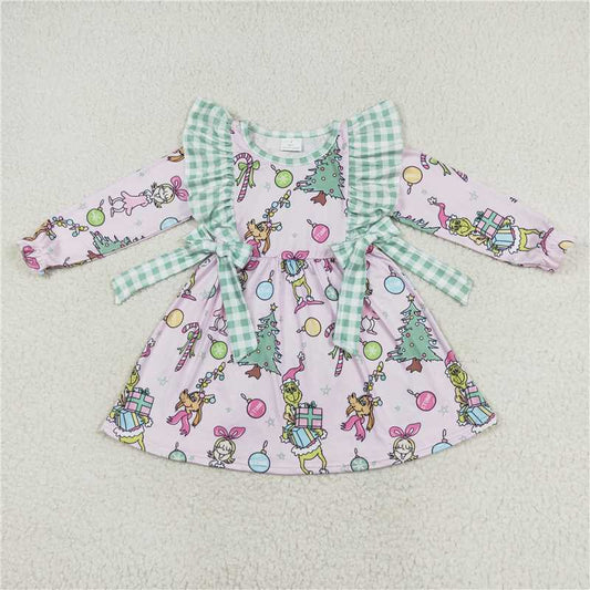 6.12 RTS NO MOQ Baby Girls Long Sleeve GLD0519 Christmas Pink Frog Bows Knee Length Dresses