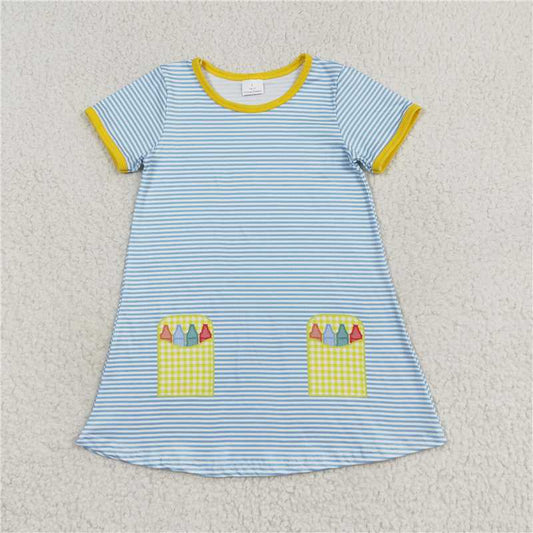 7.22 RTS NO MOQ Summer Baby Girls Dresses GSD1311 Blue Stripes Back To School Pencil Knee Length Dresses