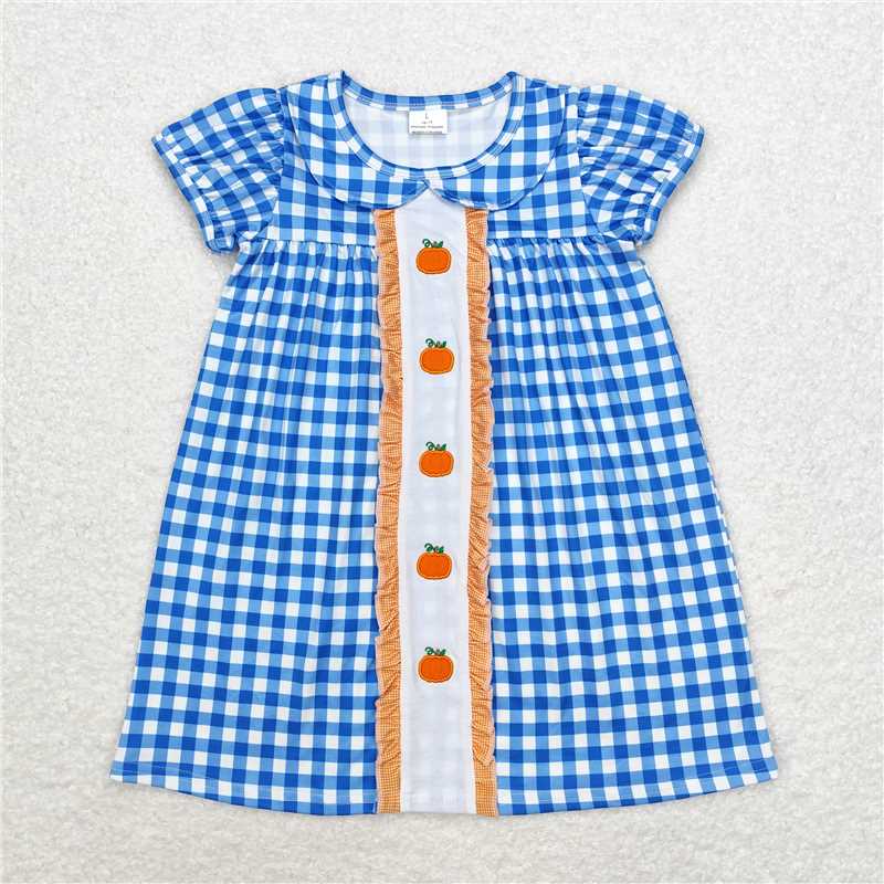 7.9 RTS NO MOQ Summer Baby Girls Dresses GSD1412 Blue Checkered Pumpkins Knee Length Dresses