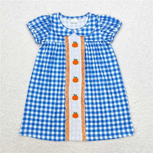7.9 RTS NO MOQ Summer Baby Girls Dresses GSD1412 Blue Checkered Pumpkins Knee Length Dresses
