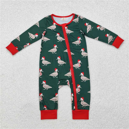 5.15 RTS NO MOQ Baby Boys Bodysuit LR1861 Green Christmas Ducks Zip Bamboo Rompers
