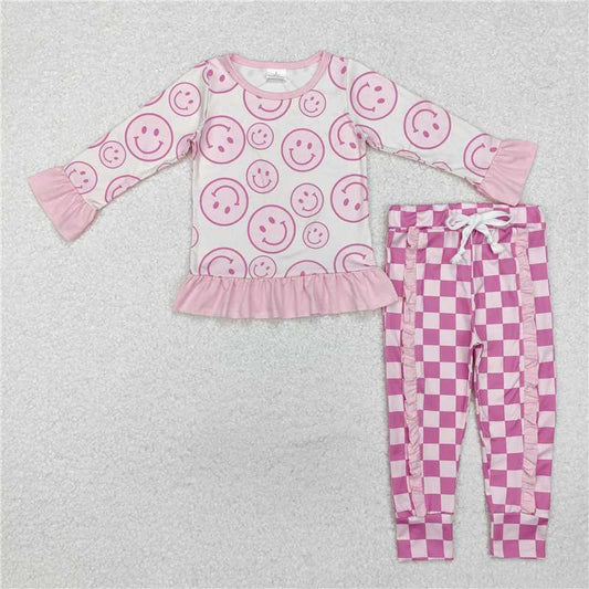 RTS NO MOQ Baby Girls Long Sleeve Outfits GLP1722 Pink Top Ruffle Plaid Pants Outfits Sets