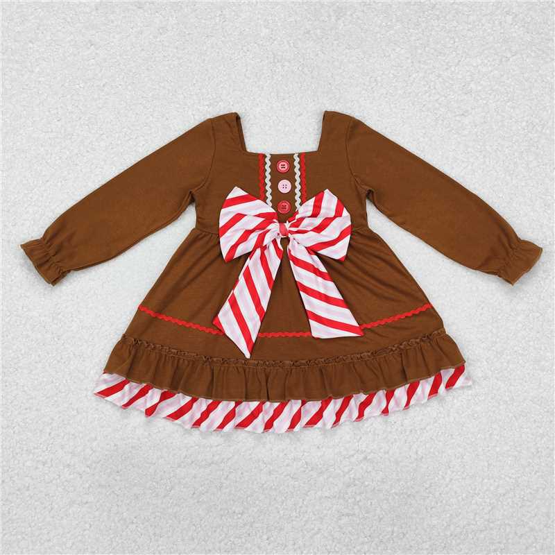 RTS NO MOQ Baby Girls Long Sleeve GLD0758 Brown Gingerbread Bow Knee Length Dresses