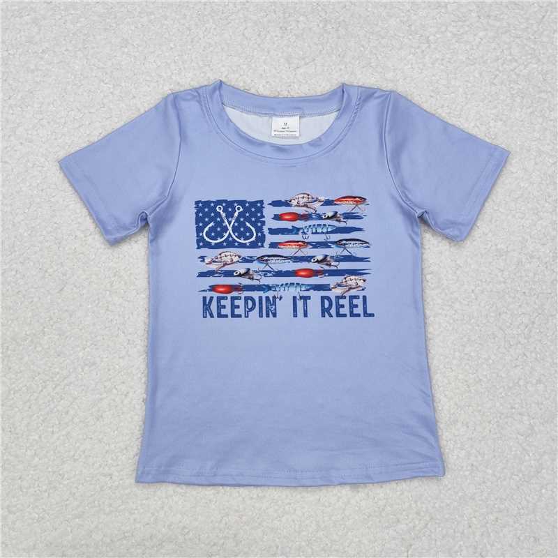 RTS NO MOQ Summer Baby Boys Shirt BT0873 Grey Fishing Keepin it Reel Short Sleeve Tops