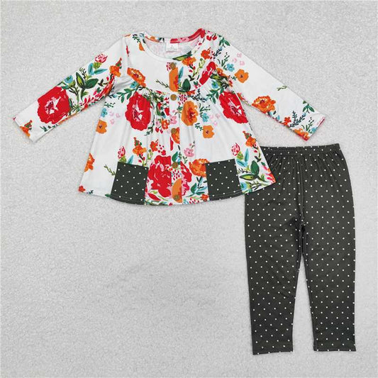 RTS NO MOQ Baby Girls Long Sleeve Outfits GLP1851 Red Flowers Pockets Tunic Legging Outfits Sets
