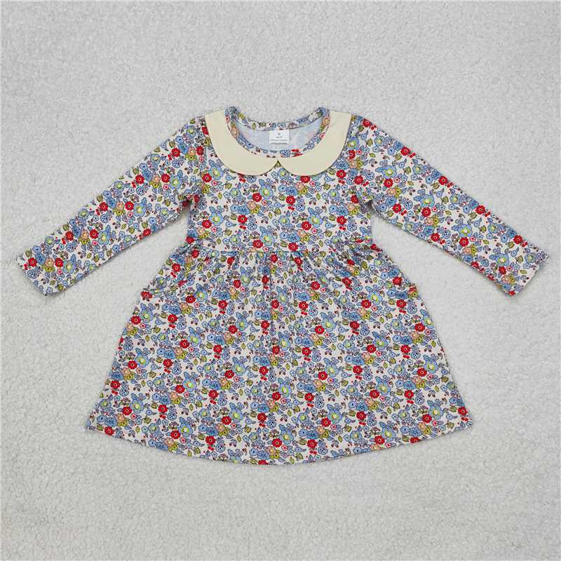 RTS NO MOQ Baby Girls Long Sleeve GLD0811 Blue Small Flowers Knee Length Dresses