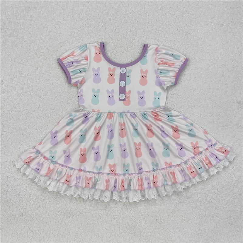 GSD0583 Baby Girls Toddler Easter Bunny Short Sleeve Lavender Knee Length Dresses