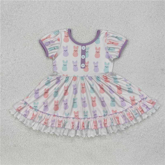 GSD0583 Baby Girls Toddler Easter Bunny Short Sleeve Lavender Knee Length Dresses