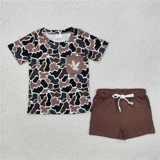 RTS NO MOQ Baby Boys kids Summer sets  BSSO1010 Duck Pocket Camouflage Short Sleeve Brown Shorts Set