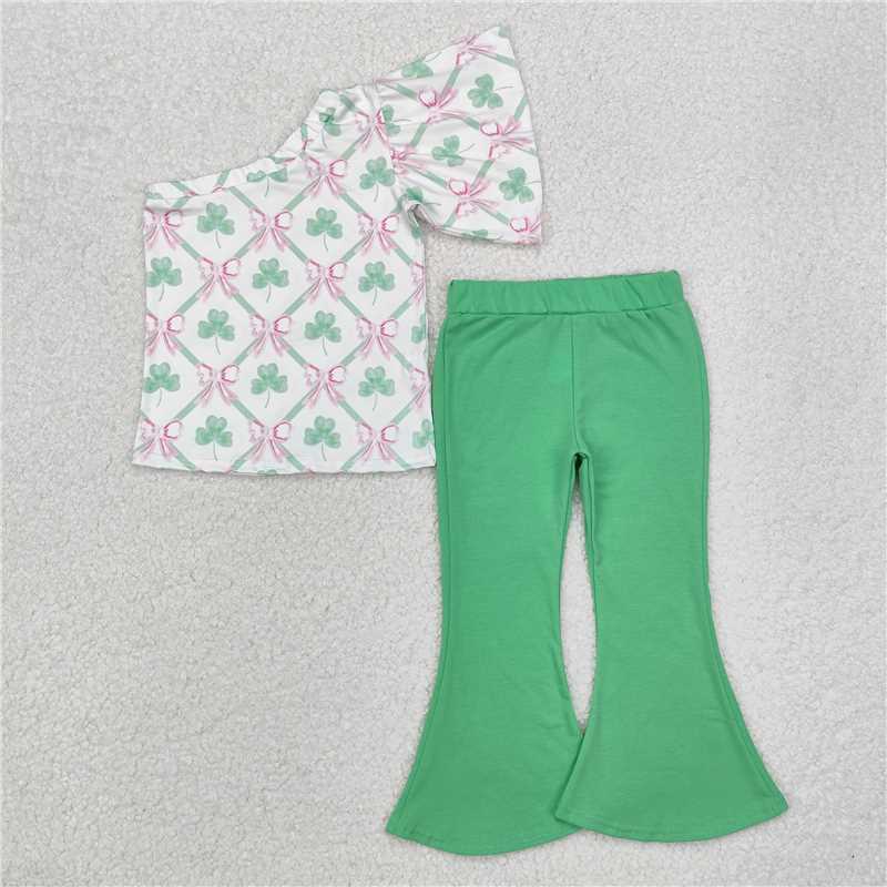 GSPO1793 Baby Girls St Patrick Quatrefoil Bows One Shoulder Top Bell Pants Clothes Sets