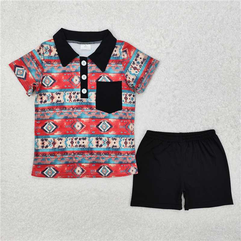 RTS NO MOQ Baby Boys kids Summer sets  BSSO1140 Geometric black pocket blue and red short-sleeved shorts set