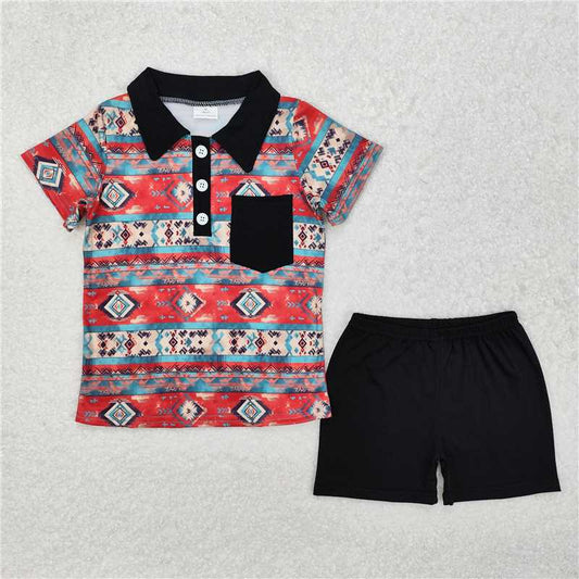 RTS NO MOQ Baby Boys kids Summer sets  BSSO1140 Geometric black pocket blue and red short-sleeved shorts set