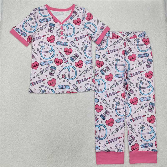 RTS NO MOQ Adult Women Summer Sets GSPO1861 Valentines Heart Nurse Tops Pants Pajamas