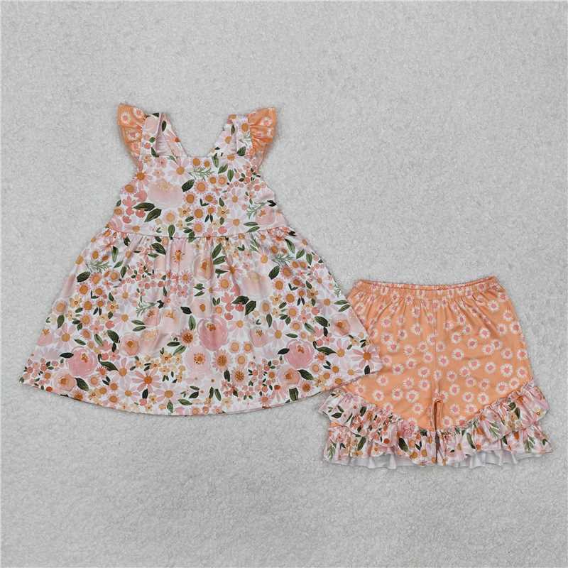 GSSO1763 Baby Girls Pink Spring Flowers Straps Tunic Shorts Clothes Sets