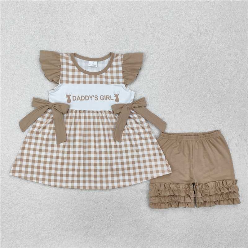 GSSO1644 Baby Girls Daddy's Girl Deers Checkered Tunic Ruffle Shorts Clothes Sets