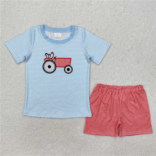 RTS NO MOQ Baby Boys kids Summer Sets BSSO1172 Chicken Tractor Blue Striped Short Sleeve Red Plaid Shorts Set