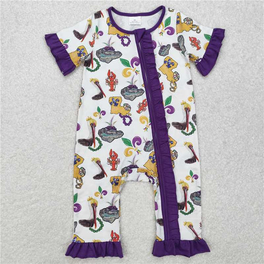 RTS NO MOQ Baby Girls Summer Bodysuit SR2422 Mardi Gras Bird Crawfish Purple Ruffle Zip Rompers