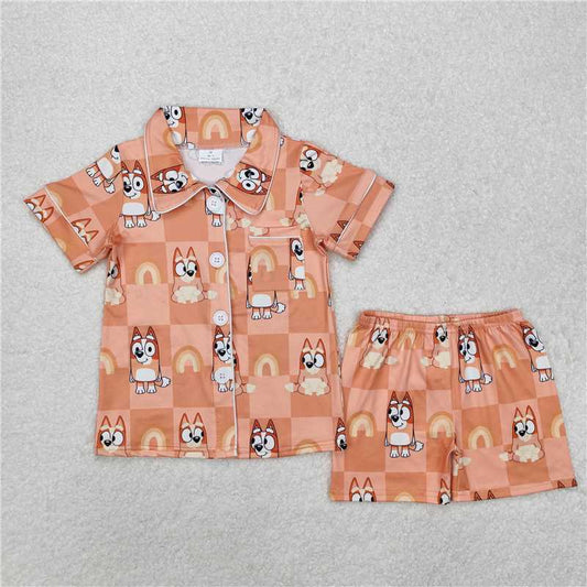 GSSO1801 Baby Girls Dogs Checkered Rainbow Buttons Shirts Shorts Pajamas