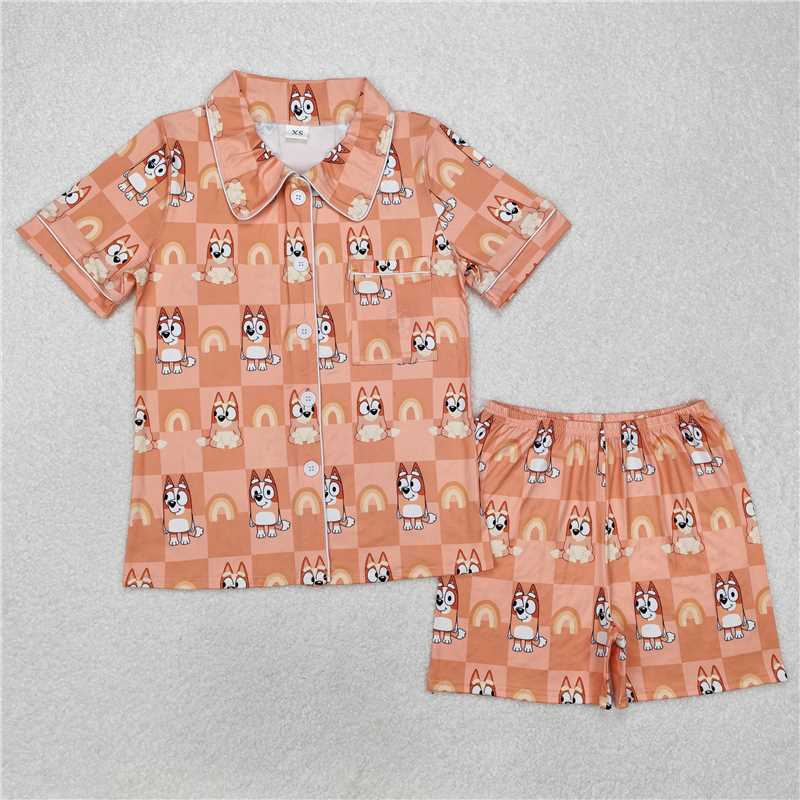 RTS NO MOQ Adult Women Summer Sets GSSO1804 Dog Checkered Rainbow Buttons Tops Shorts Pajamas