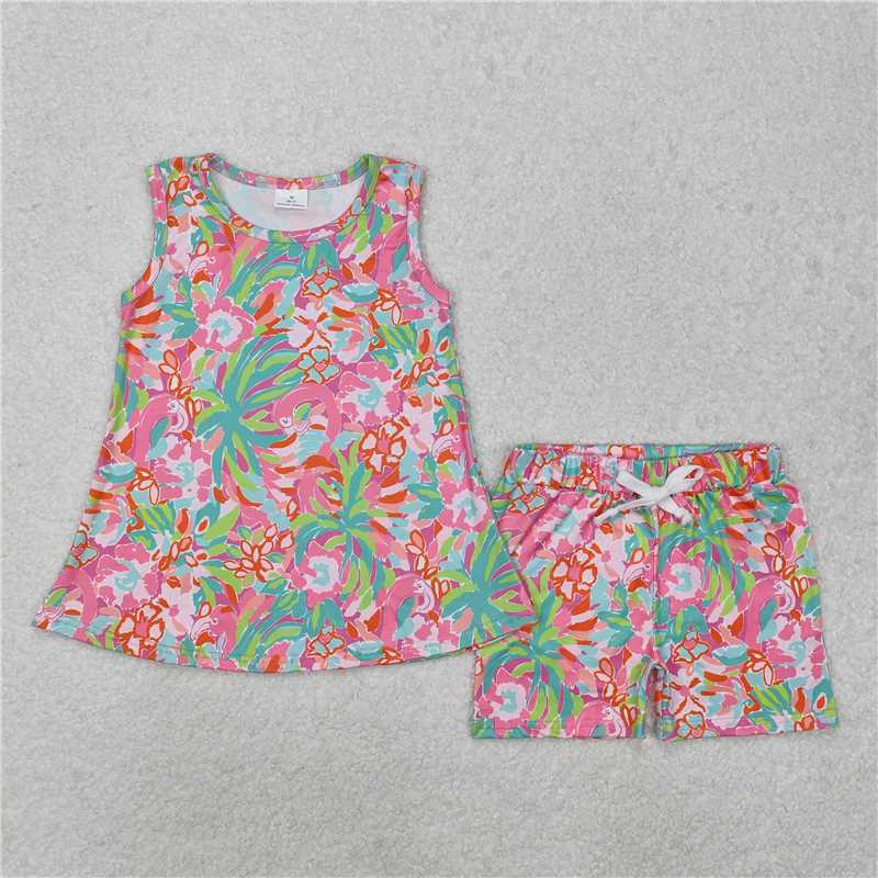 GSSO1749 Baby Girls Green Seaweed Flowers Tunic Shorts Clothes Sets