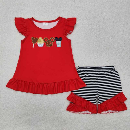 GSSO1616 Baby Girls Red Cartoon Snacks Tunic Ruffle Shorts Clothes Sets